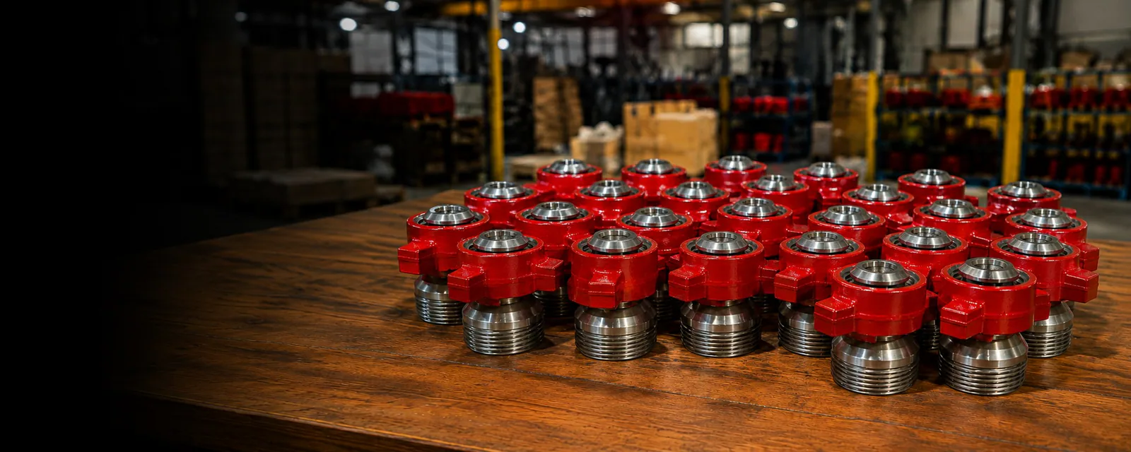 Cactus Flow Control red iron products arranged in a manufacturing shop