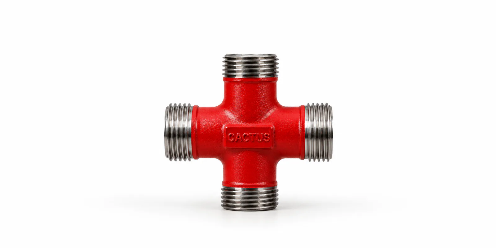 Red cross fitting with threaded metal connections for four-way flowline junctions