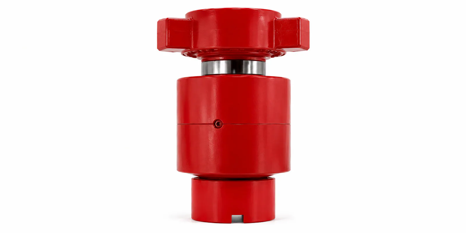 Red flapper check valve on a white background