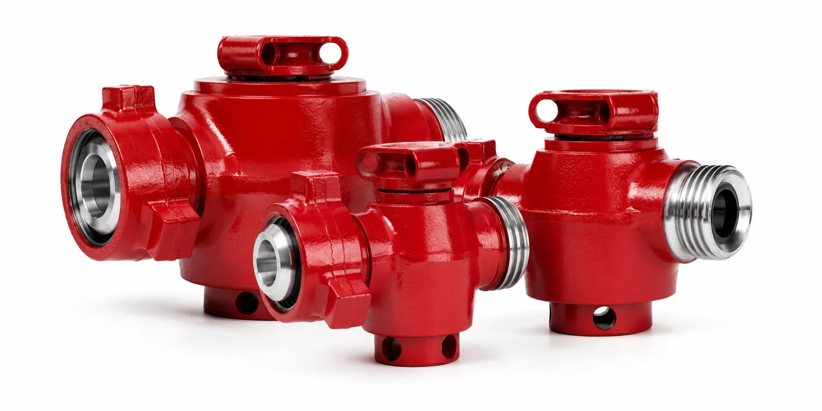 Red plug valves in multiple sizes on a white background