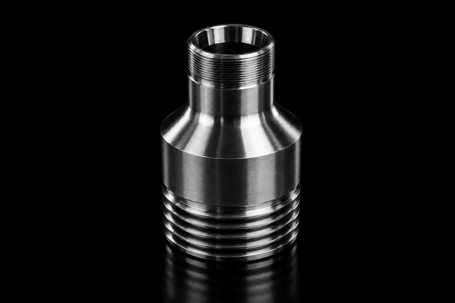 Red and steel flowline crossover on a black background