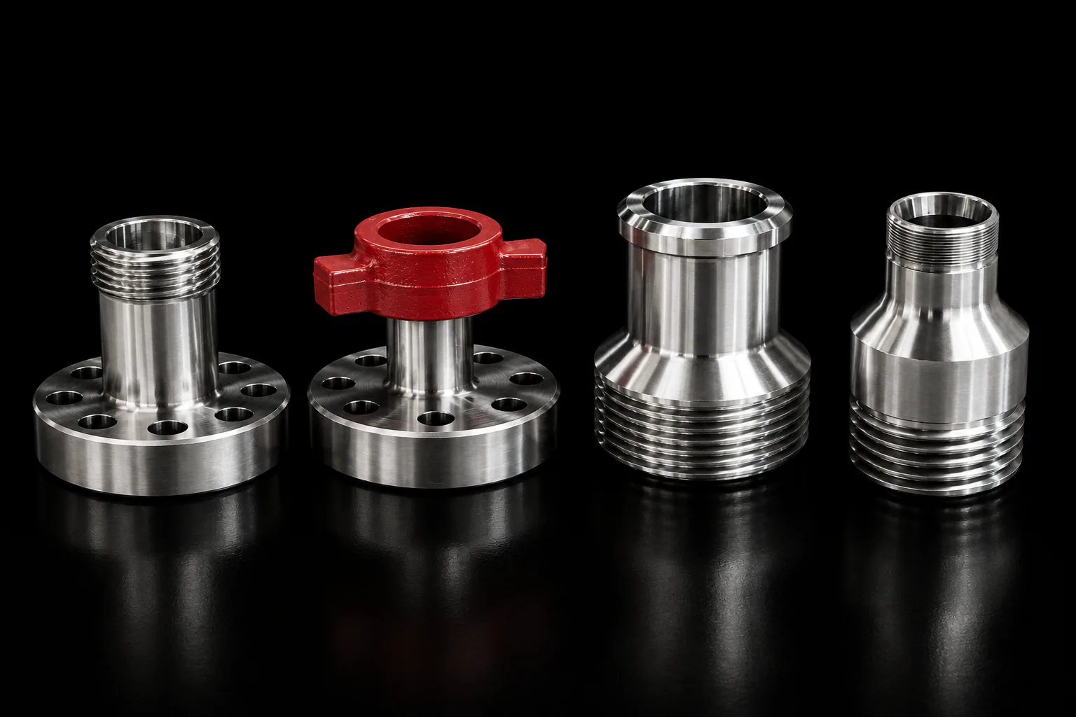 Steel crossovers, swages, and flange adapters on a black background