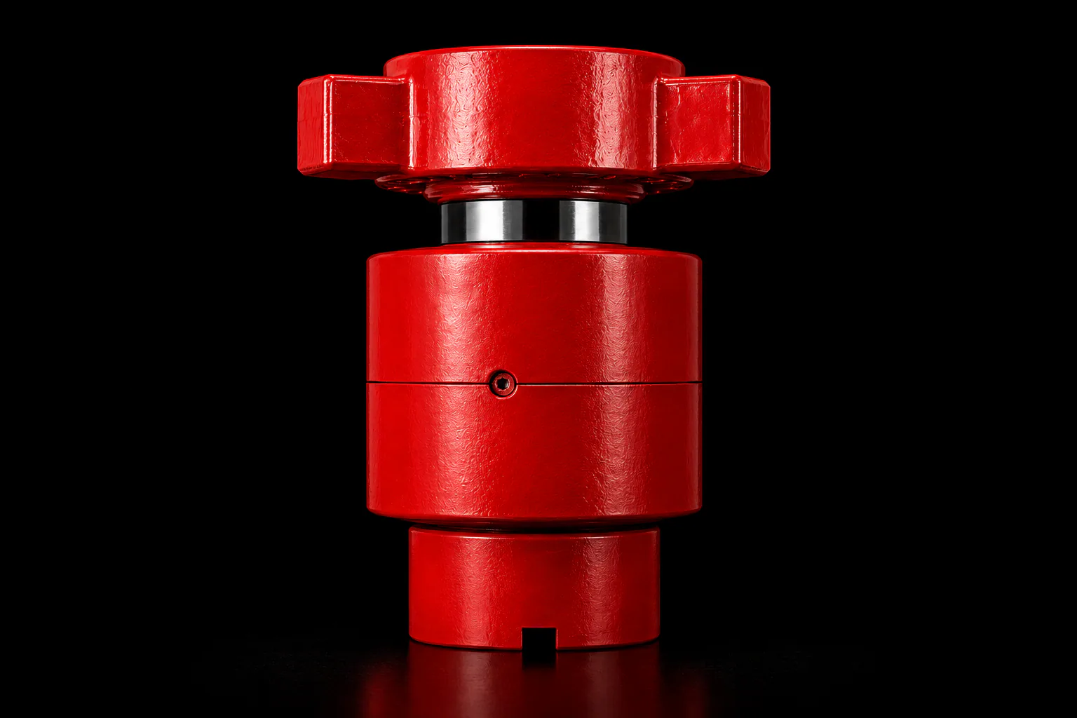 Red flapper check valve on a black background