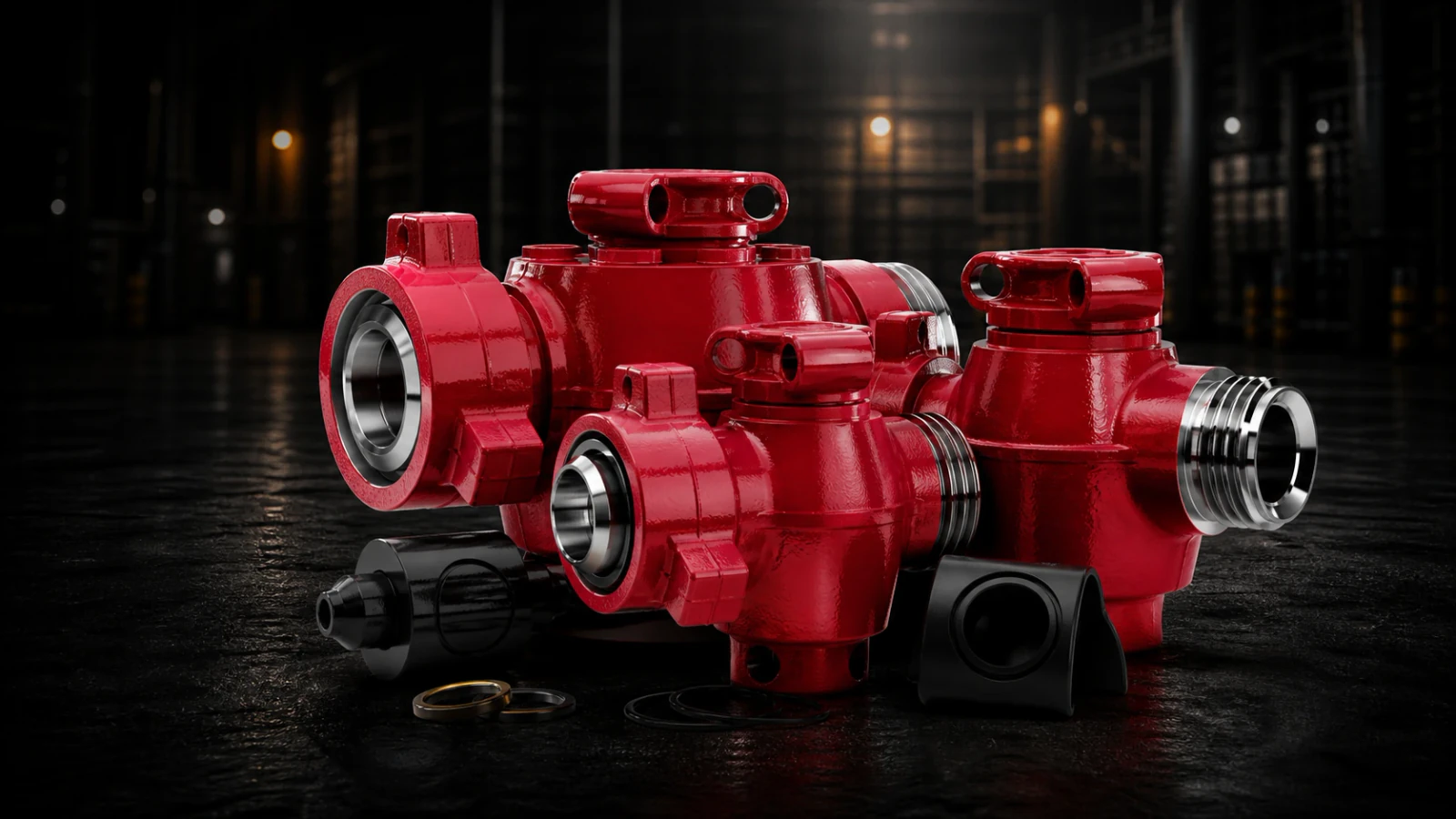 Cactus Flow Control red iron product lineup in a manufacturing facility