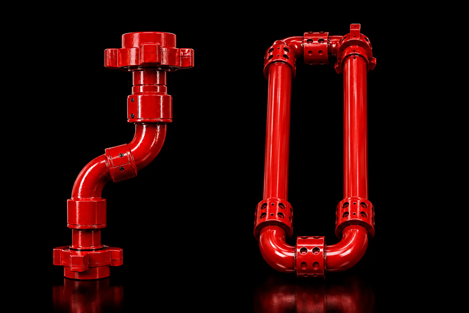Red hose loop and swivel joint assemblies on a black background