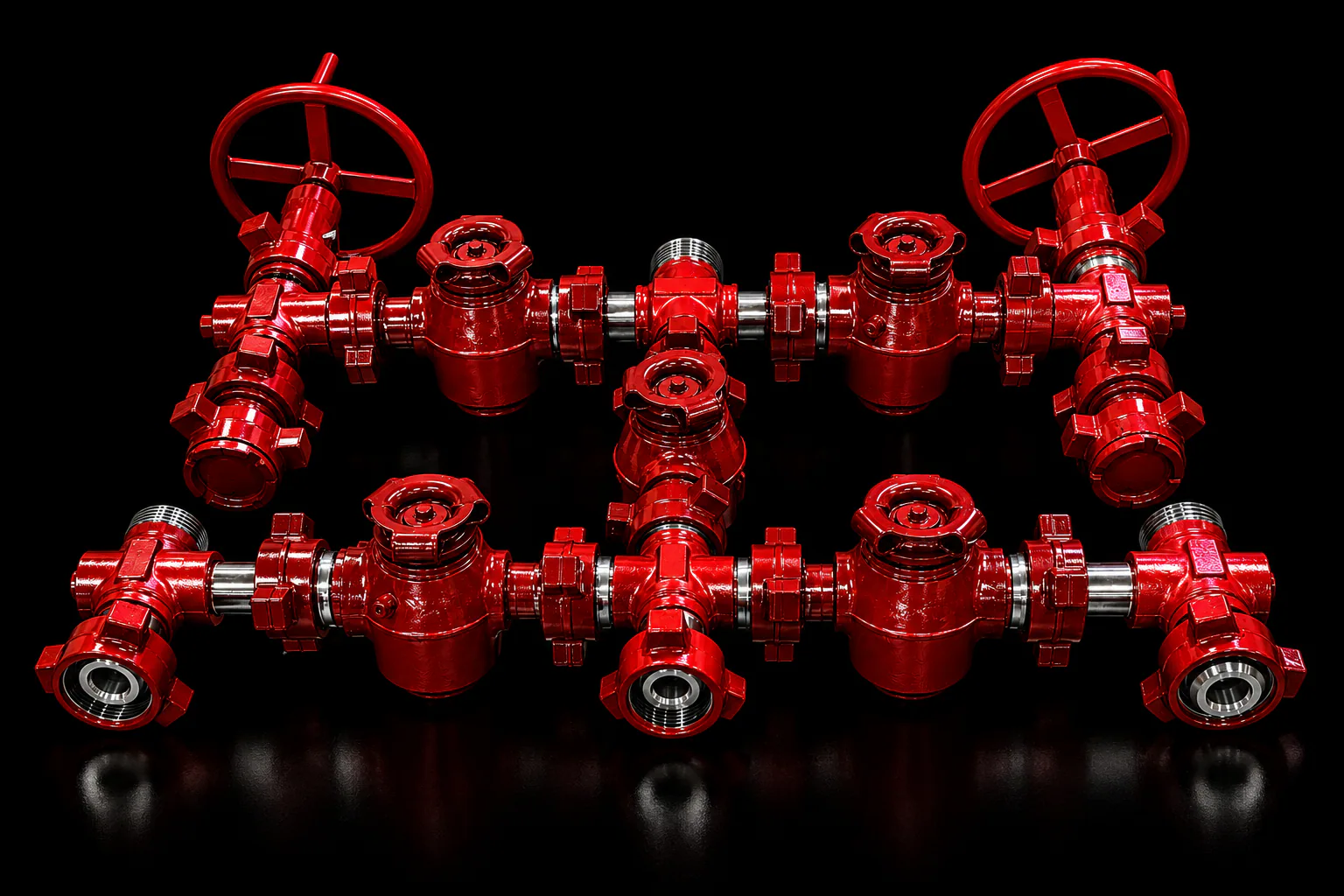 Red flowline manifold assembly on a black background