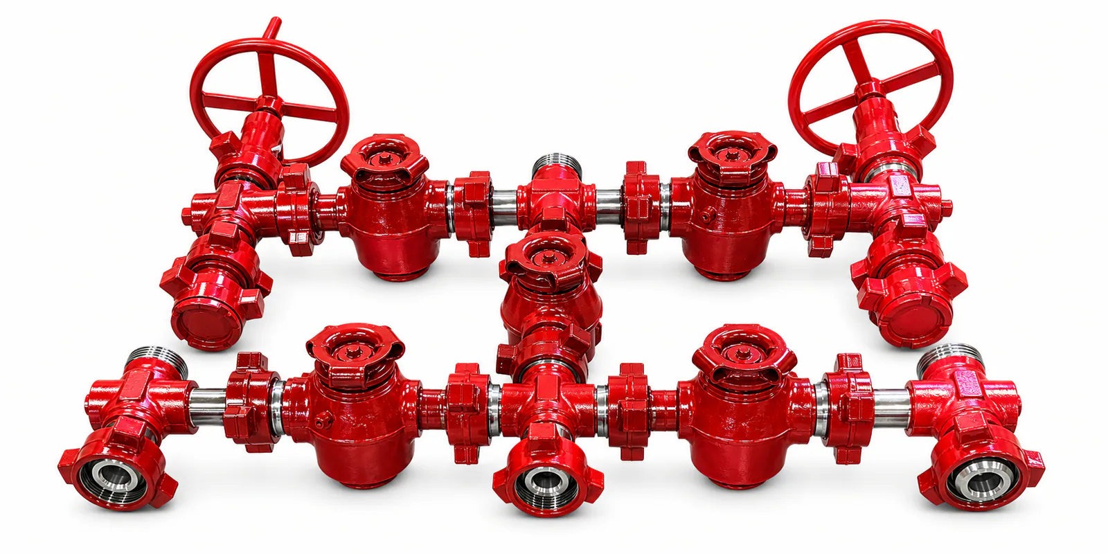 Representative five-valve red flowline manifold assembly on a white background