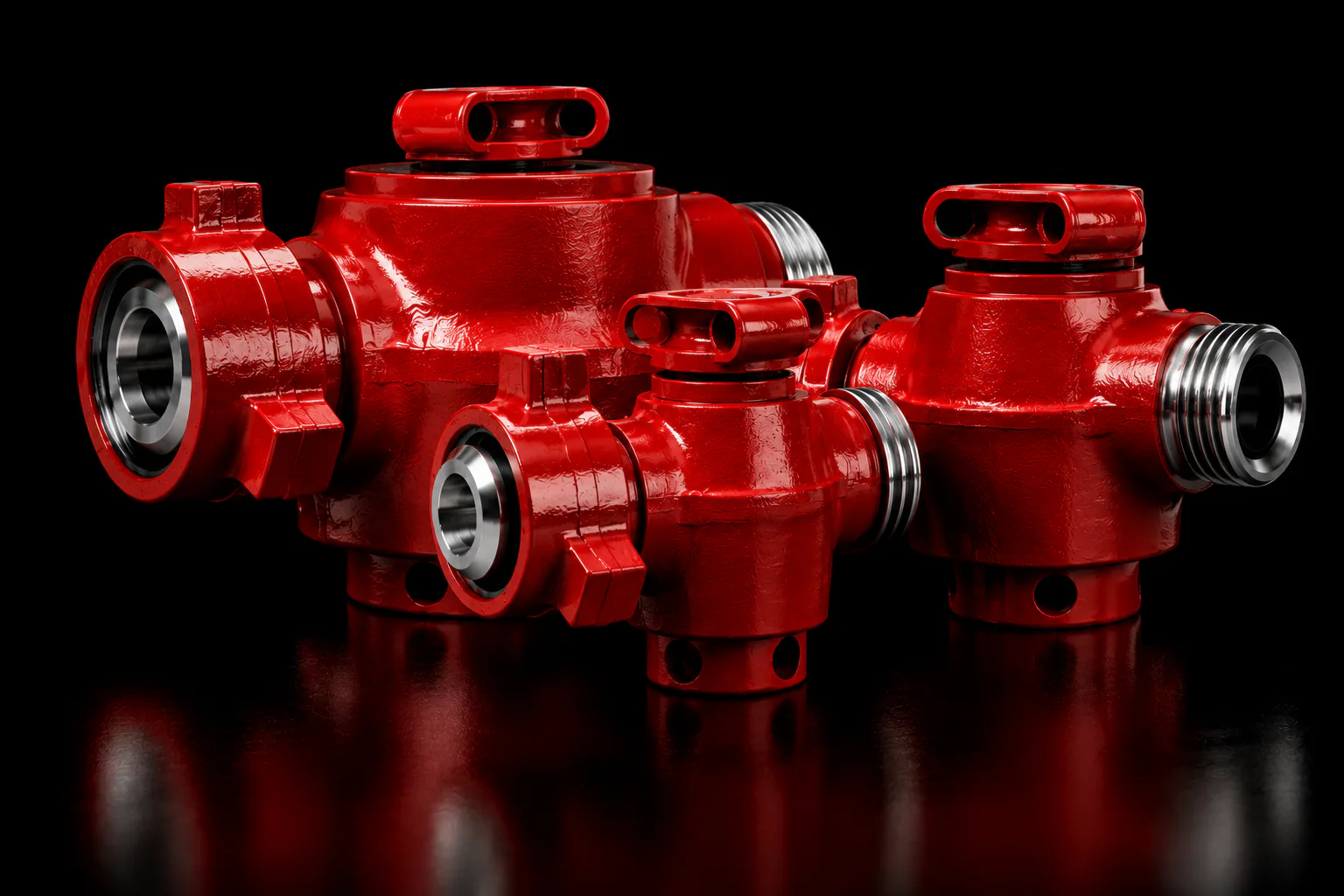 Red plug valves in multiple sizes on a black background