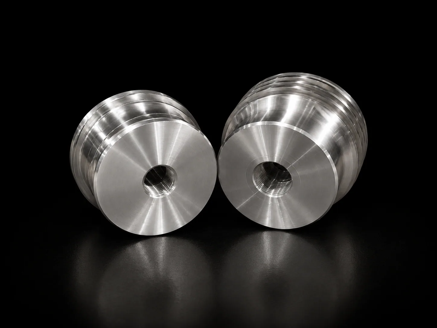 Machined steel flowline plugs on a black background