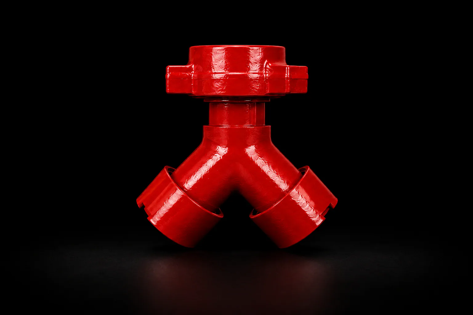 Red wye fitting for dividing or combining high-pressure flow paths